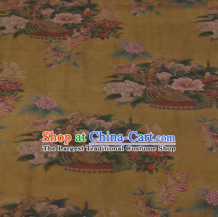 Traditional Chinese Satin Classical Flowers Basket Pattern Design Yellow Watered Gauze Brocade Fabric Asian Silk Fabric Material