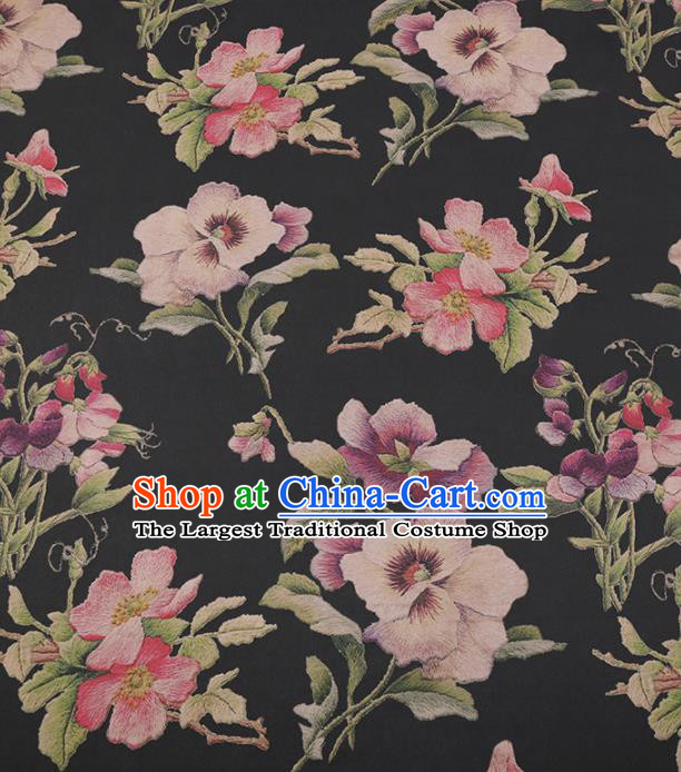 Traditional Chinese Satin Classical Peach Blossom Pattern Design Black Watered Gauze Brocade Fabric Asian Silk Fabric Material