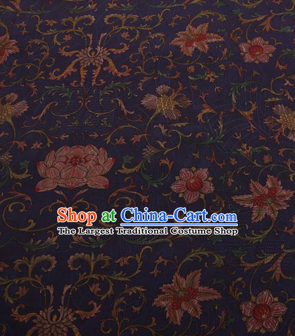 Traditional Chinese Satin Classical Lotus Pattern Design Navy Watered Gauze Brocade Fabric Asian Silk Fabric Material