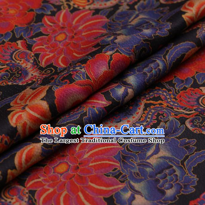 Traditional Chinese Satin Classical Lotus Pattern Design Black Watered Gauze Brocade Fabric Asian Silk Fabric Material
