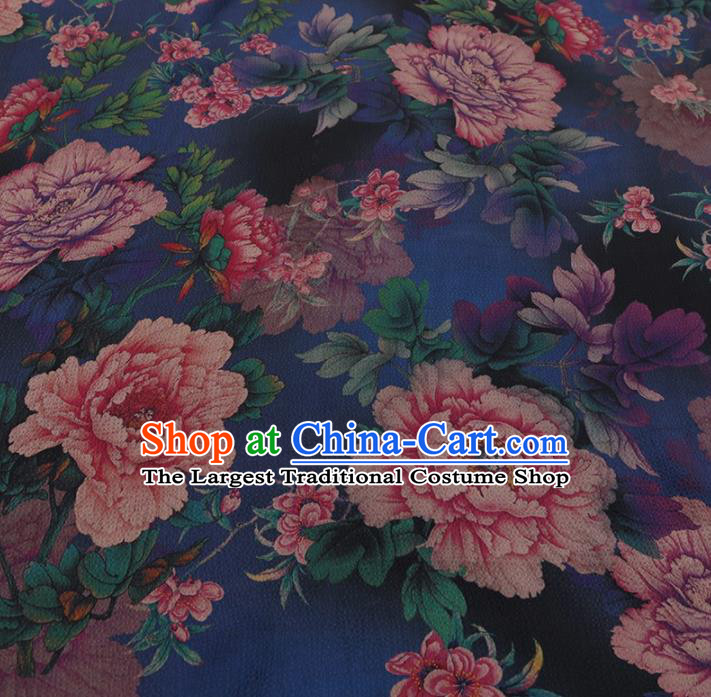 Chinese Traditional Peony Flowers Pattern Design Navy Satin Watered Gauze Brocade Fabric Asian Silk Fabric Material