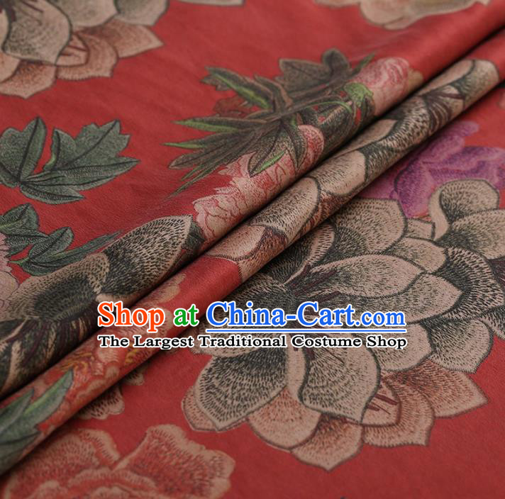 Traditional Chinese Classical Embroidered Peony Pattern Design Red Satin Watered Gauze Brocade Fabric Asian Silk Fabric Material