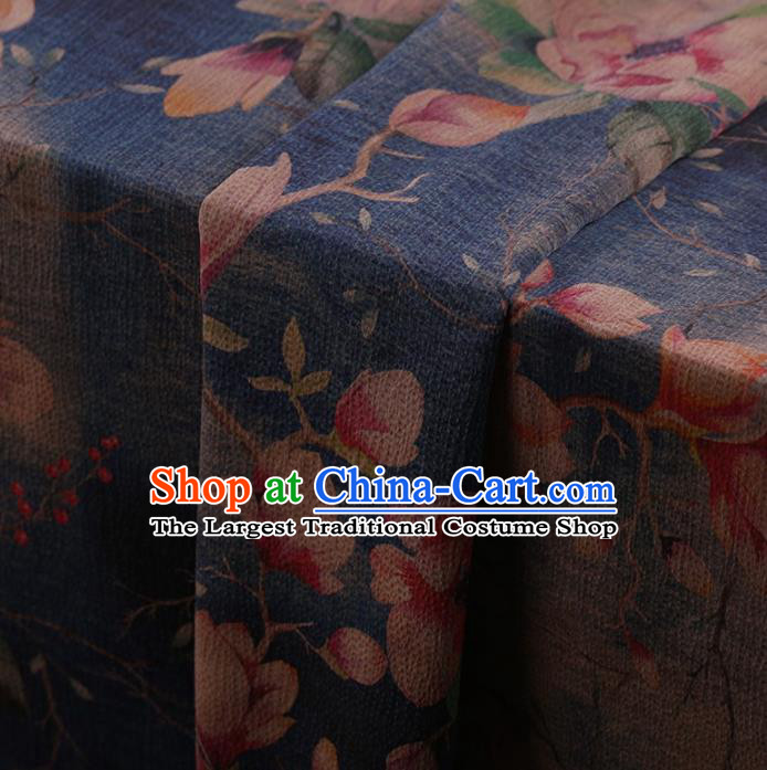 Traditional Chinese Classical Magnolia Pattern Design Blue Satin Watered Gauze Brocade Fabric Asian Silk Fabric Material