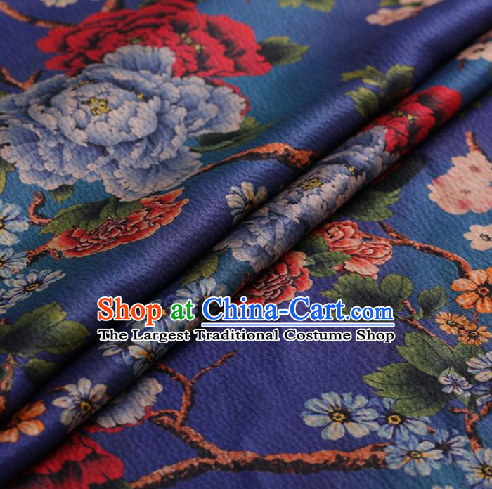 Traditional Chinese Classical Peony Plum Pattern Design Blue Satin Watered Gauze Brocade Fabric Asian Silk Fabric Material