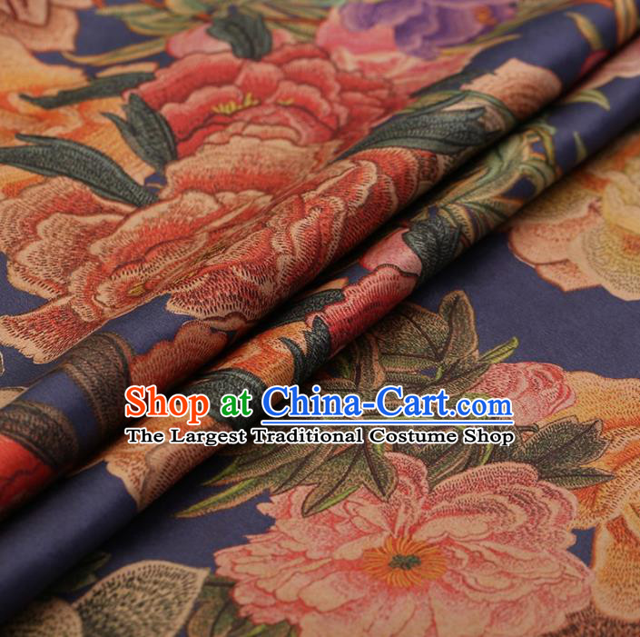 Traditional Chinese Classical Embroidered Peony Pattern Design Navy Satin Watered Gauze Brocade Fabric Asian Silk Fabric Material