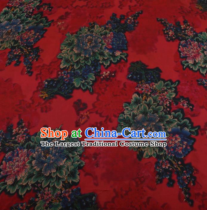 Traditional Chinese Classical Peony Pattern Design Red Satin Watered Gauze Brocade Fabric Asian Silk Fabric Material