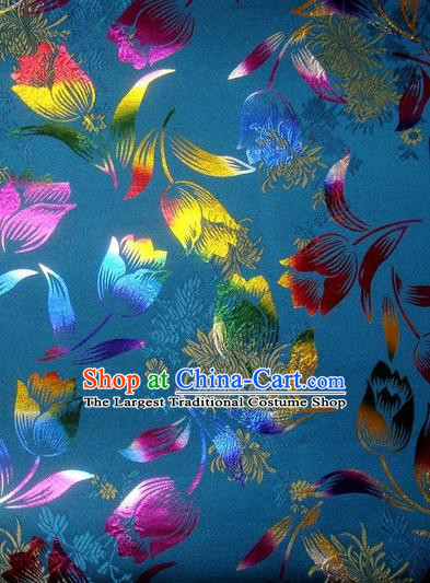 Chinese Classical Gilding Tulip Pattern Design Blue Brocade Asian Traditional Hanfu Silk Fabric Tang Suit Fabric Material