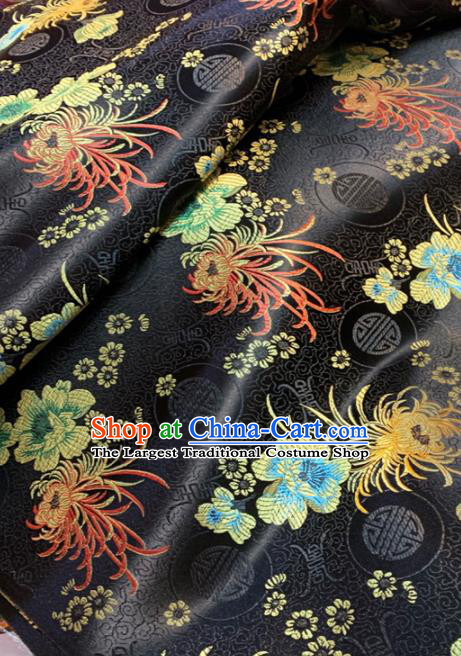 Chinese Classical Chrysanthemum Peony Pattern Design Black Brocade Drapery Asian Traditional Tang Suit Silk Fabric Material
