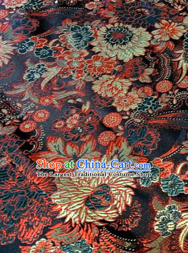 Japan Classical Chrysanthemum Pattern Design Black Brocade Asian Japanese Traditional Kimono Silk Fabric Material