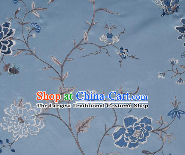 Traditional Chinese Classical Embroidered Peony Pattern Design Fabric Blue Brocade Tang Suit Satin Drapery Asian Silk Material