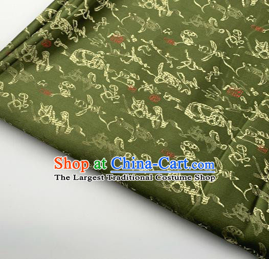 Chinese Traditional Cursive Pattern Design Olive Green Brocade Classical Satin Drapery Asian Tang Suit Silk Fabric Material