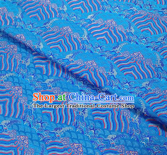 Traditional Chinese Classical Sea Waves Pattern Design Fabric Blue Brocade Tang Suit Satin Drapery Asian Silk Material