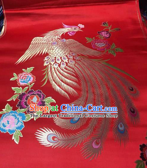 Asian Chinese Wedding Red Satin Classical Phoenix Pattern Design Brocade Mongolian Robe Fabric Traditional Drapery Silk Material