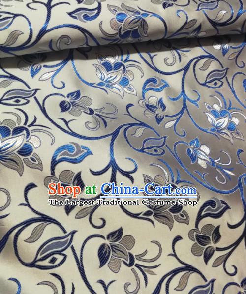 Asian Chinese White Satin Classical Timbo Flowers Pattern Design Brocade Mongolian Robe Fabric Traditional Drapery Silk Material