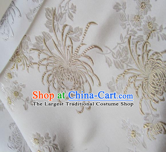 Asian Chinese Cheongsam Fabric White Satin Classical Chrysanthemum Pattern Design Brocade Traditional Drapery Silk Material