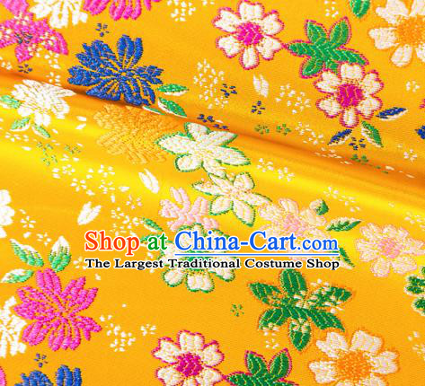 Asian Japanese Kimono Fabric Classical Flowers Pattern Design Yellow Brocade Traditional Drapery Silk Material