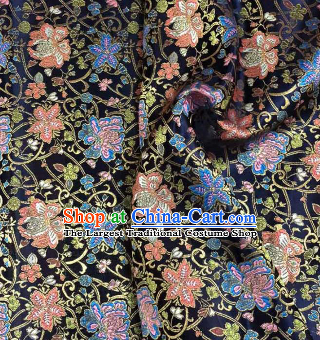 Asian Japanese Kimono Fabric Classical Tang Flowers Pattern Design Black Brocade Traditional Drapery Silk Material