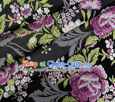 Asian Japanese Kimono Fabric Classical Peony Pattern Design Black Brocade Traditional Drapery Silk Material