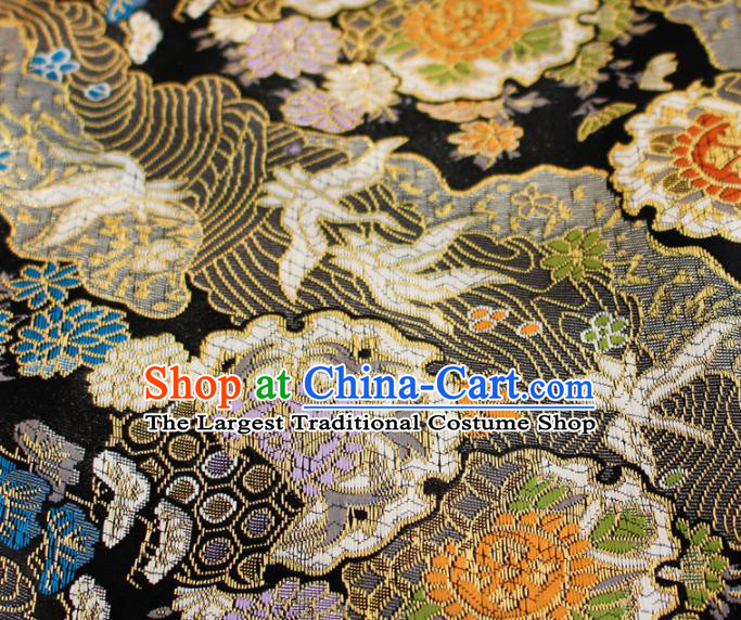 Asian Japanese Kimono Satin Fabric Classical Sunflowers Pattern Design Black Brocade Damask Traditional Drapery Silk Material