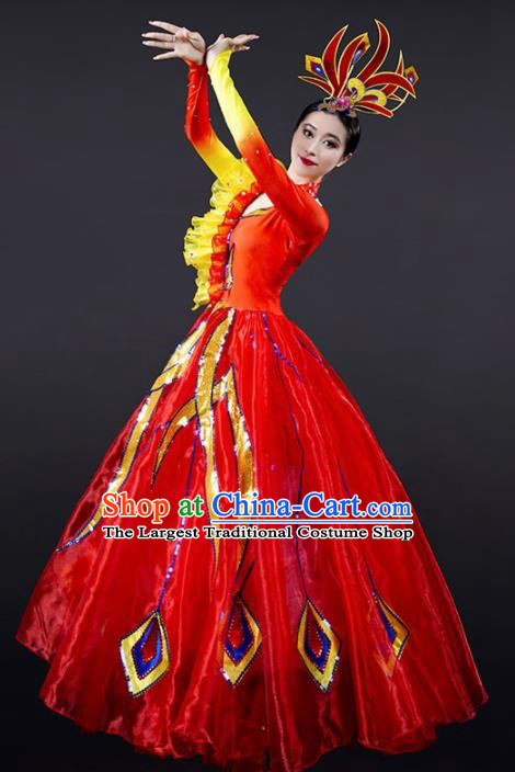Chinese Modern Dance Red Dress Opening Dance Stage Performance Costume for Women