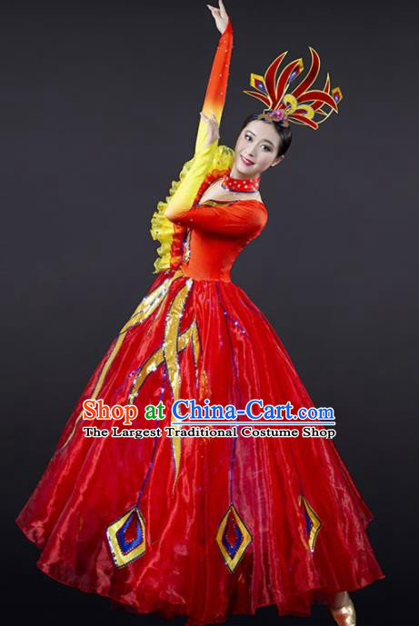 Chinese Modern Dance Red Dress Opening Dance Stage Performance Costume for Women