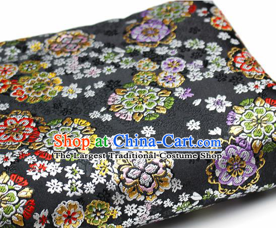 Asian Japanese Kimono Satin Fabric Classical Sakura Pattern Design Black Brocade Damask Traditional Drapery Silk Material
