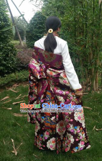 Chinese Traditional Zang Nationality Female Dress Ethnic Dance Costume Purple Tibetan Robe for Women
