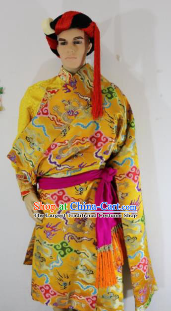 Chinese Traditional Zang Nationality Clothing Golden Tibetan Robe Ethnic Dance Costume for Men