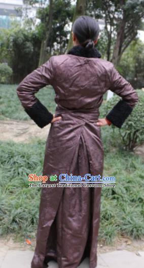 Chinese Traditional Zang Nationality Female Dress Deep Purple Tibetan Robe Ethnic Dance Costume for Women