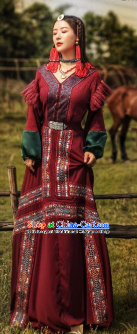 Chinese Traditional Ethnic Bride Tibetan Robe Zang Nationality Female Wine Red Dress Costume for Women