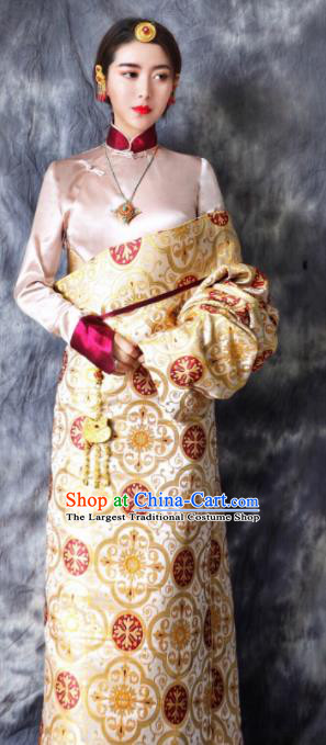 Chinese Traditional Ethnic Bride Golden Tibetan Robe Zang Nationality Female Dress Costume for Women