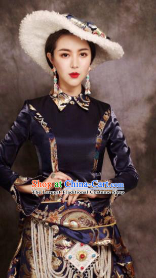 Chinese Traditional Ethnic Bride Navy Tibetan Robe Zang Nationality Female Dress Costume for Women