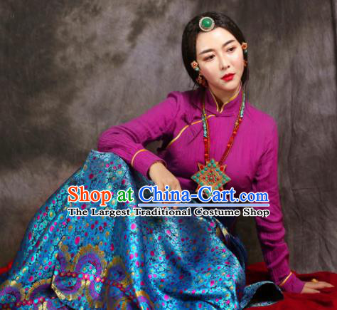 Chinese Traditional Ethnic Bride Blue Tibetan Robe Zang Nationality Female Dress Wedding Costume for Women