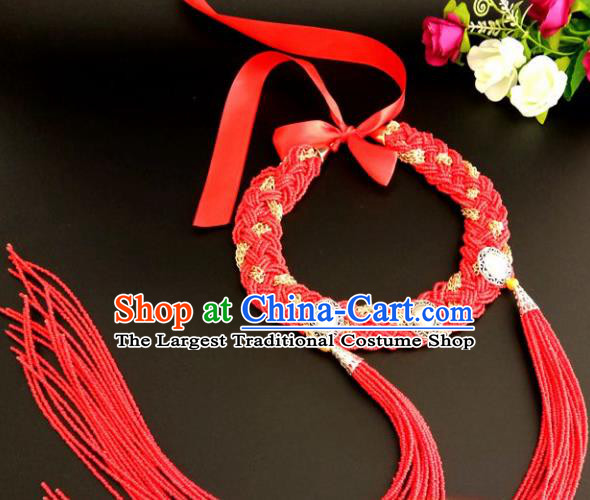 Chinese Traditional Mongol Nationality Weave Red Tassel Hair Clasp Mongolian Ethnic Dance Headband Accessories for Women