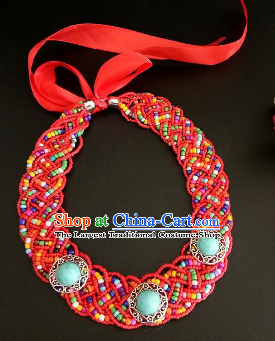 Chinese Traditional Mongol Nationality Weave Red Beads Hair Clasp Mongolian Ethnic Dance Headband Accessories for Women