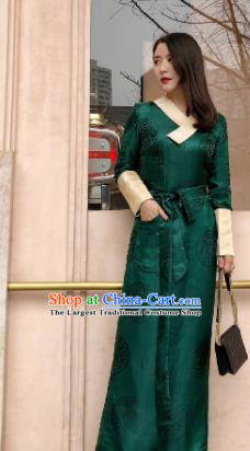 Chinese Traditional Zang Nationality Deep Green Dress Tibetan Ethnic Costume for Women
