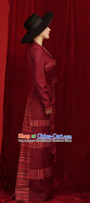 Chinese Traditional Tibetan Robe Zang Nationality Female Wine Red Dress Ethnic Costume for Women