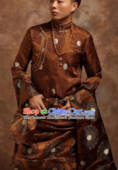 Chinese Traditional Ethnic Bronze Tibetan Robe Zang Nationality Wedding Costume for Men