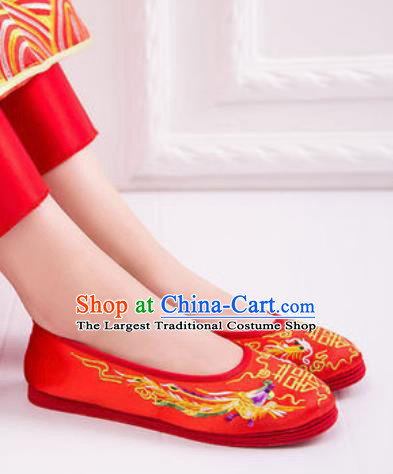 Chinese Traditional Opera Red Satin Shoes Wedding Shoes Hanfu Princess Shoes Embroidered Dragon Phoenix Shoes for Women