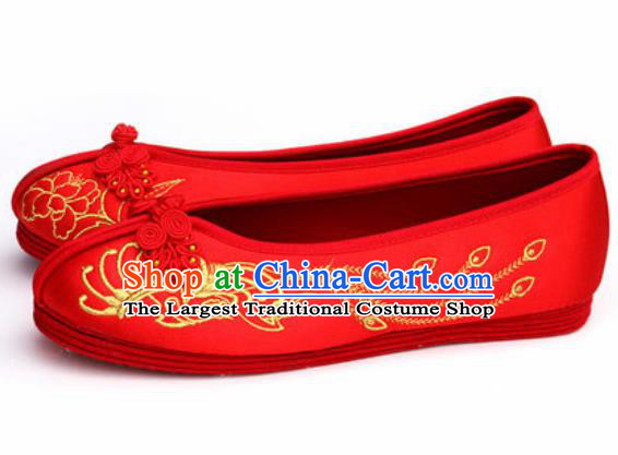 Chinese Traditional Opera Red Satin Shoes Wedding Shoes Hanfu Princess Shoes Embroidered Peony Phoenix Shoes for Women