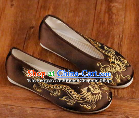 Chinese Embroidered Dragons Shoes Traditional Opera Black Satin Shoes Wedding Shoes Hanfu Princess Shoes for Women