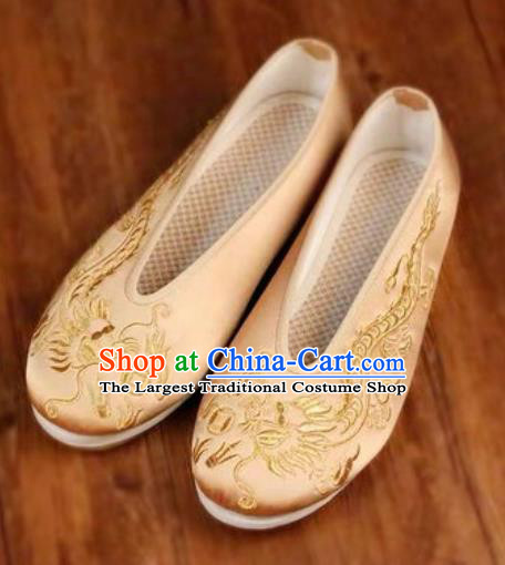 Chinese Embroidered Dragons Shoes Traditional Opera Golden Satin Shoes Wedding Shoes Hanfu Princess Shoes for Women