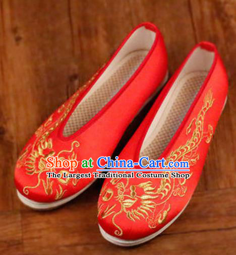 Chinese Embroidered Dragons Shoes Traditional Opera Red Satin Shoes Wedding Shoes Hanfu Princess Shoes for Women