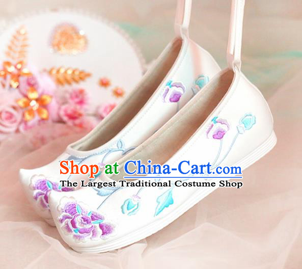 Chinese Traditional Shoes Opera Shoes Hanfu Princess Shoes Embroidered Peony White Shoes for Women