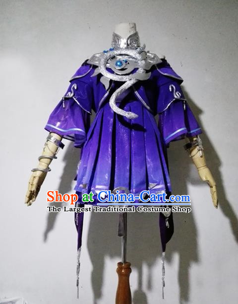 Chinese Traditional Cosplay Female Knight Costume Ancient Swordsman Purple Dress for Women