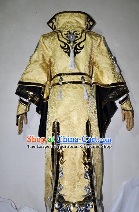 Chinese Traditional Cosplay Royal Highness Young Knight Golden Costume Ancient Swordsman Hanfu Clothing for Men