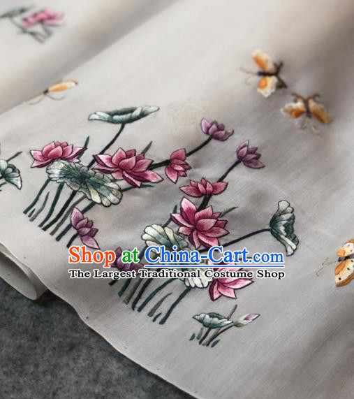 Traditional Chinese Embroidered Lotus White Silk Fabric Classical Pattern Design Brocade Fabric Asian Satin Material
