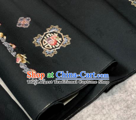 Traditional Chinese Embroidered Peach Black Silk Fabric Classical Pattern Design Brocade Fabric Asian Satin Material
