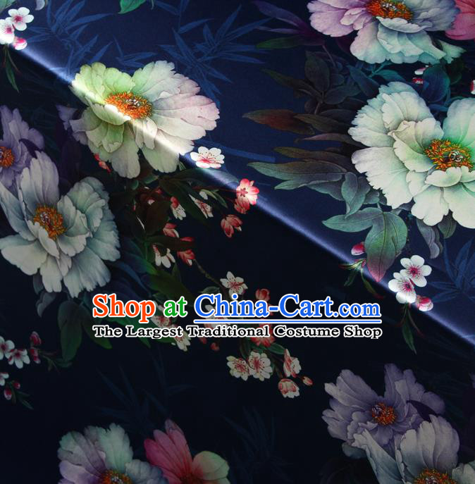 Chinese Traditional Classical Peach Flowers Pattern Navy Brocade Damask Asian Satin Drapery Silk Fabric