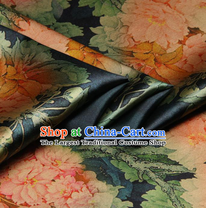 Chinese Traditional Classical Peony Pattern Atrovirens Brocade Damask Asian Satin Drapery Silk Fabric